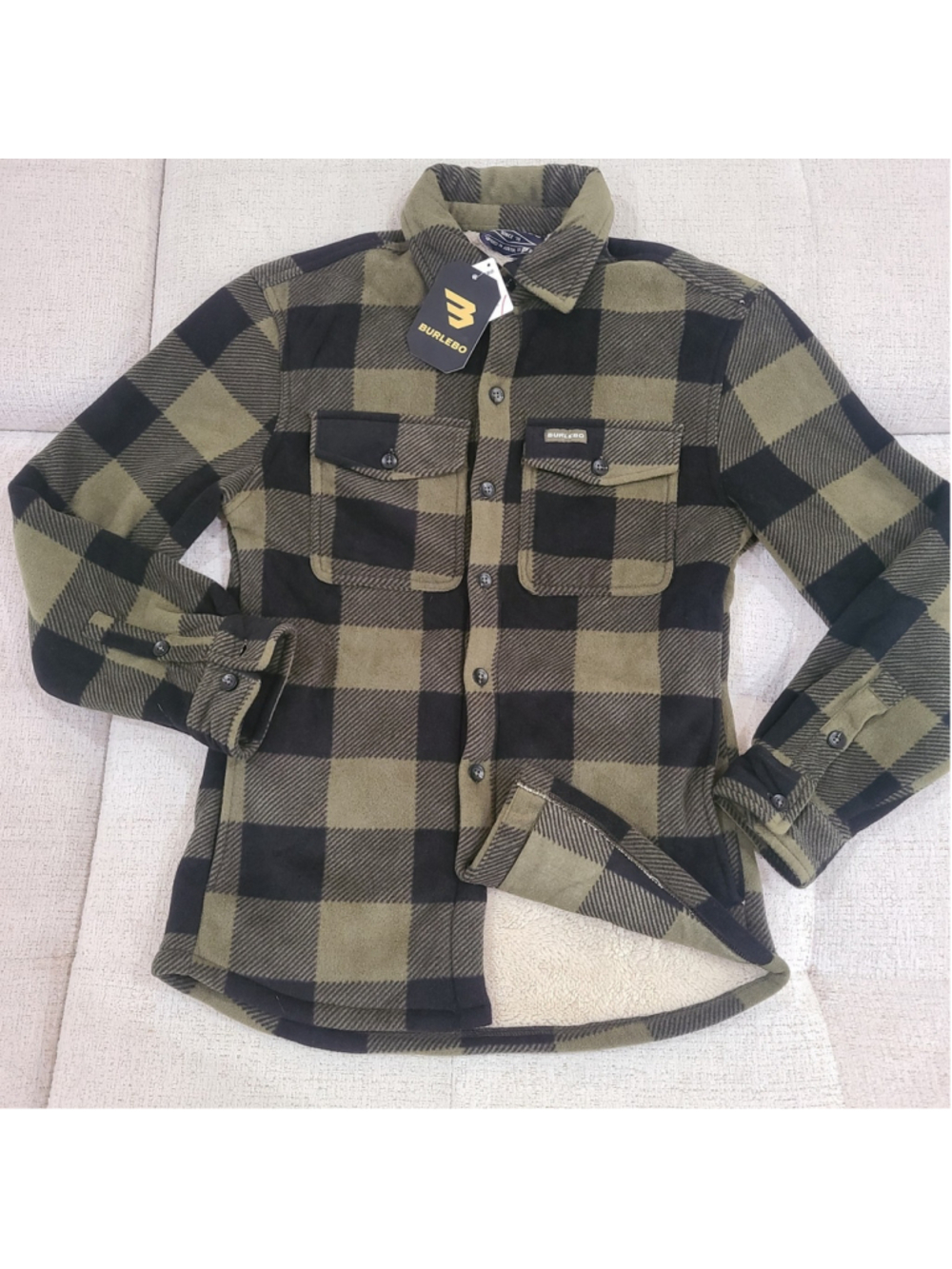 NEW BURLEBO Plaid Fleece Shacket Men's Size Small Mallard Green Sherpa Lined
